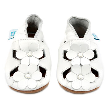 Dotty Fish White Flower Soft Leather Baby Sandals With Barefoot Soles, 5 of 7