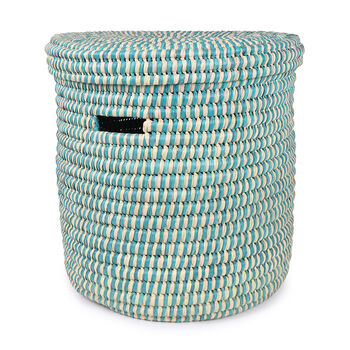 Turquoise Check Lidded Laundry Basket, 4 of 5
