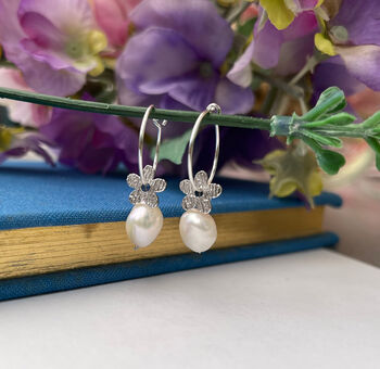 Sterling Silver Flower And Pearl Drop Hoop Earrings, 6 of 10