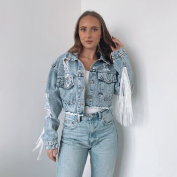 Cropped Denim Jacket With Tassels Blue, 4 of 4