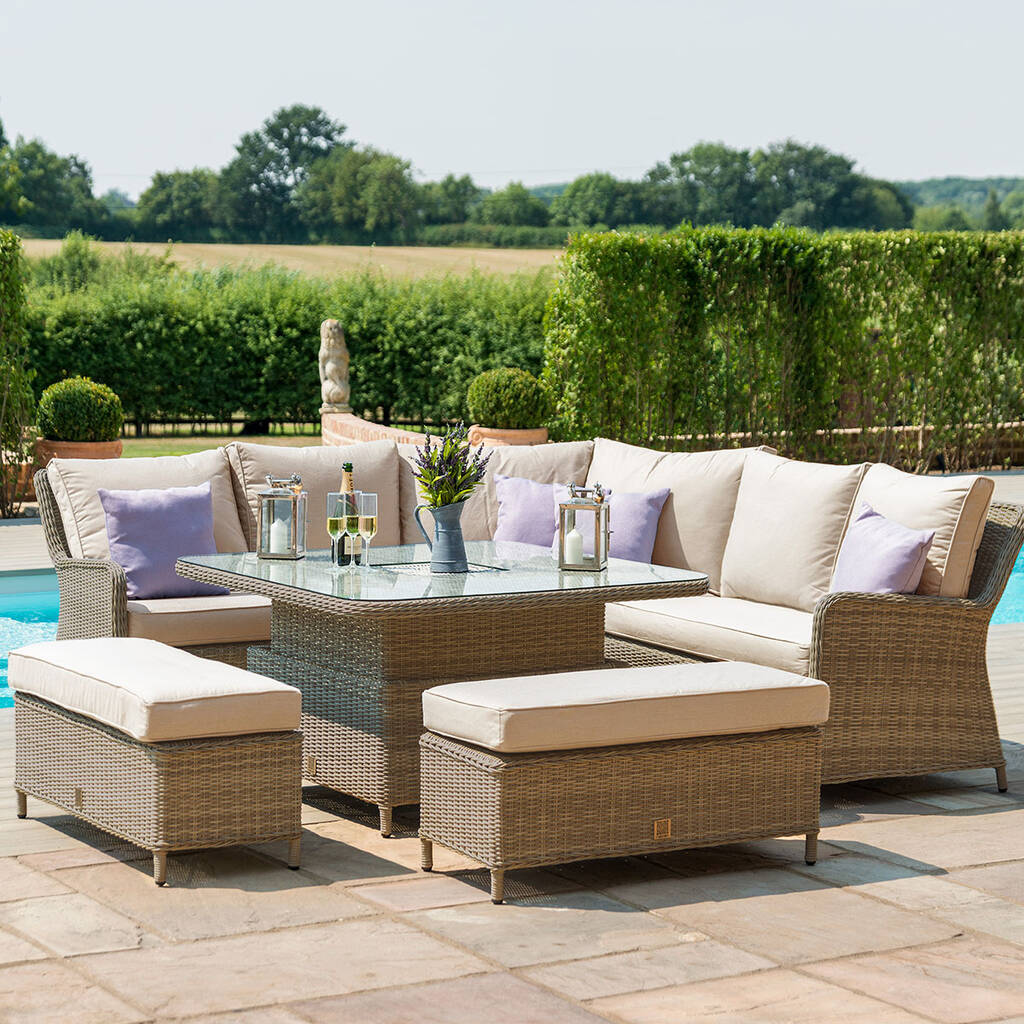 Luxury Brown Rattan Corner Dining Set With Rising Table By Garden Chic