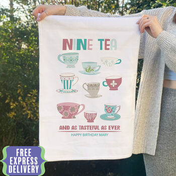 Personalised Nine Tea Tea Towel 90th Birthday Present, 2 of 4