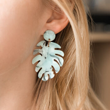 Aqua Blue Tortoiseshell Leaf Earrings, 3 of 3