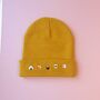 Unisex Hand Embroidered Mustard Beanie With Sushi, thumbnail 1 of 6