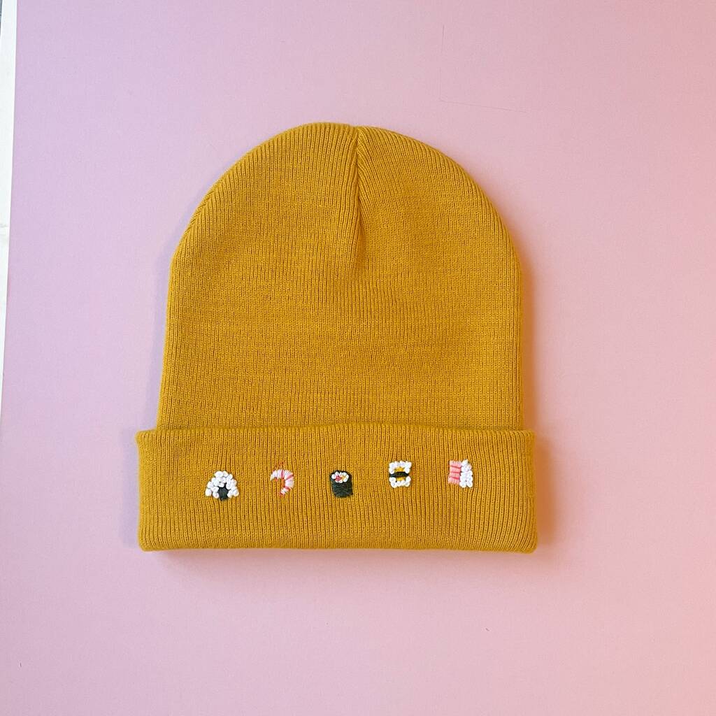 Unisex Hand Embroidered Mustard Beanie With Sushi, 1 of 6