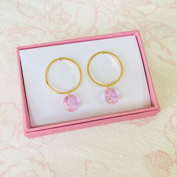 Gold Plated Hoop Earrings With Pink Faceted Polished Glass Stone, 2 of 5