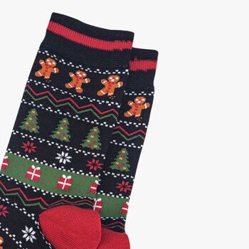Gingerbread Christmas Fair Isle Bamboo Socks Men's Black, 2 of 4