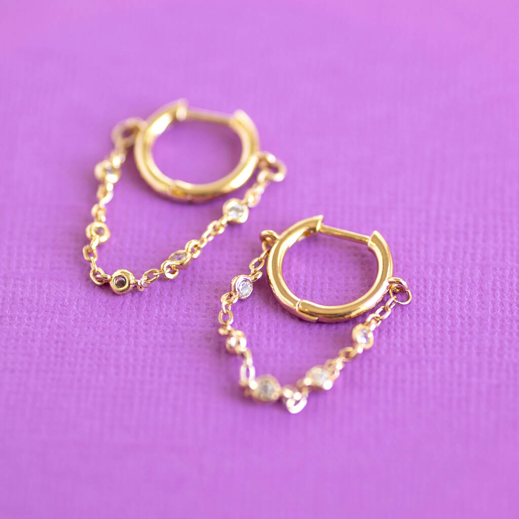 Gold Plated Huggie Hoop Chain Earrings, 1 of 9