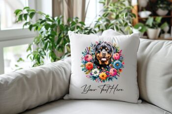 Personalised Rottweiler Summer Floral Dog Wreath Cushion And Mug Gift Bundle, 4 of 4