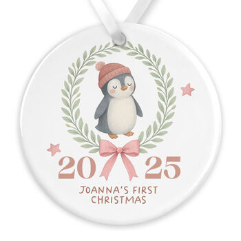 Personalised Baby's First Christmas Penguin Bauble Keepsake In Pink Or Blue, 2 of 6
