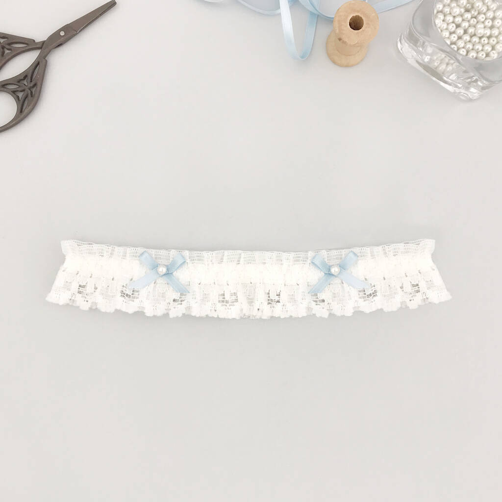 Lace Wedding Garter With Two 'Something Blue' Bows, 1 of 8