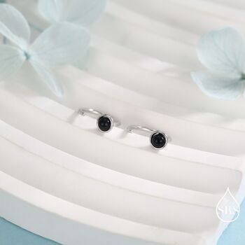 Genuine Black Onyx Huggie Hoop Earrings In Sterling Silver, 2 of 11