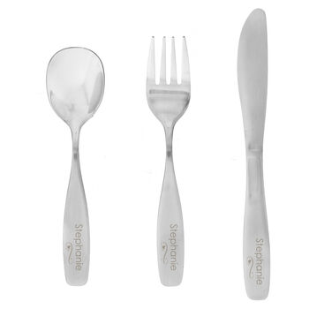 Personalised Three Piece Swirls And Hearts Cutlery Set – Perfect For Birthdays, Christenings, And Special Occasions, 4 of 4