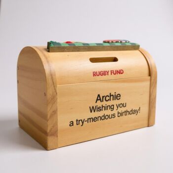 Personalised Children's Rugby Money Box, Piggy Bank, 6 of 12