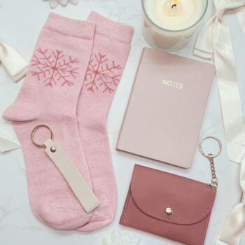 Christmas Gift For Her – Luxury Pink Set With Notebook, Purse, Keyring And Festive Socks, 2 of 10