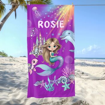 Personalised Mermaid Girl Beach Towel With Name, 8 of 12