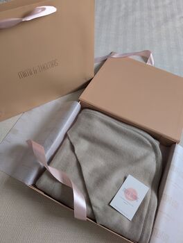 Personalised Beige 100% Cashmere Hooded Baby Blanket Gift Boxed, 4 of 8