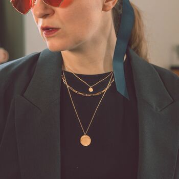 Disc Pendant Layered Gold Necklace With Three Chains, 3 of 9