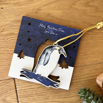Penguin Personalised Wood Christmas Card And Bauble, 2 of 6
