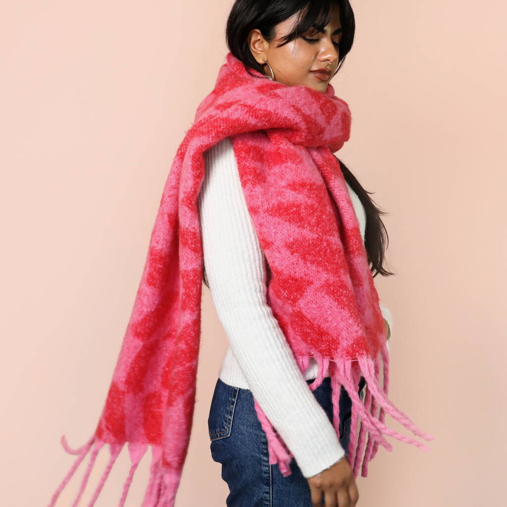 Pink And Red Wavy Checkerboard Winter Scarf, 1 of 4