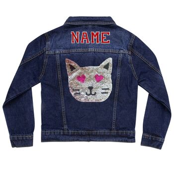 Personalised Kids Denim Jacket Reversible Sequin Cat, 4 of 9