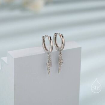 Sterling Silver Cz Lightning Bolt Huggie Hoop Earrings, 2 of 10
