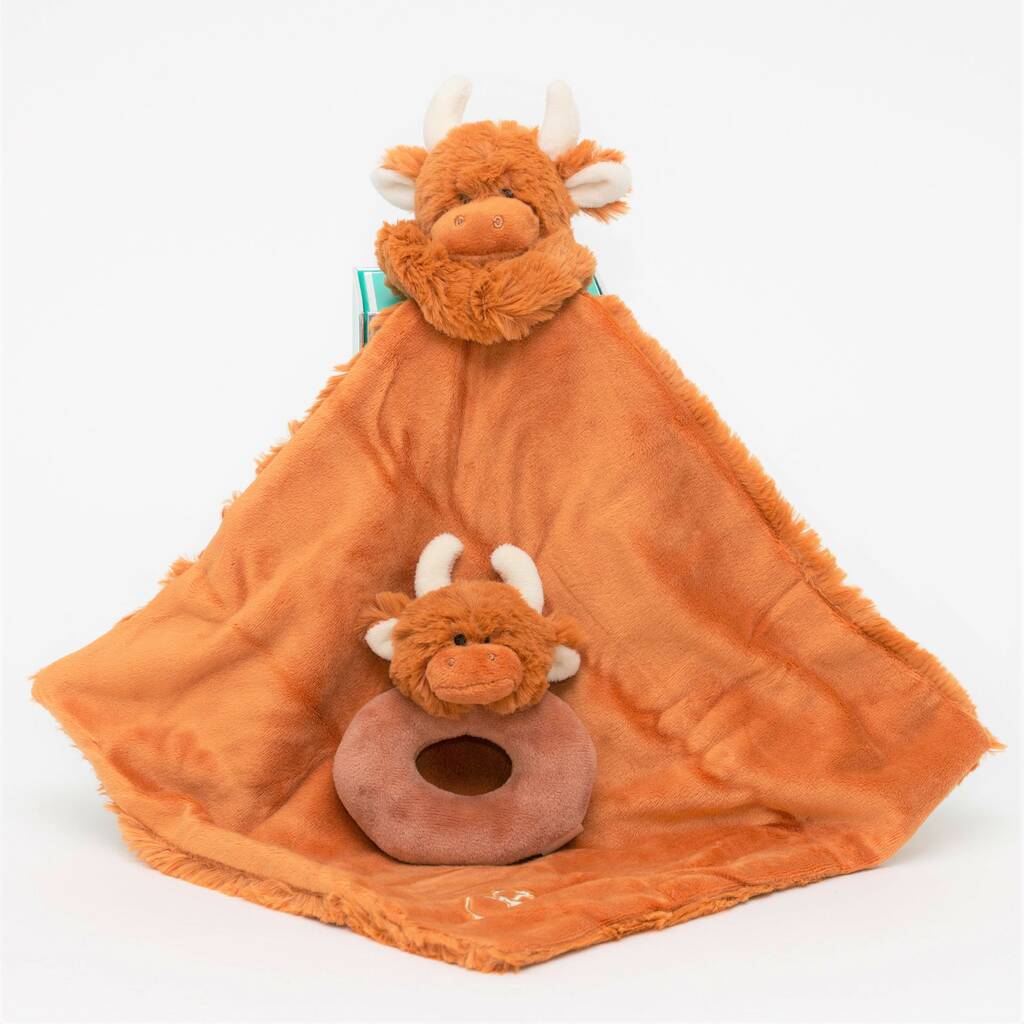 Brown Highland Cow Toy Soother And Rattle Gift Set, 1 of 9
