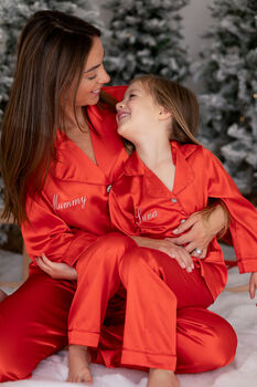 Personalised Women's Luxury Red Christmas Silky Satin Pyjamas, 2 of 10