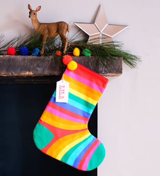 Personalised Christmas Stocking Pom Pom Rainbow Stripe, 3 of 5