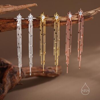 Sterling Silver Delicate Starburst Dangle Drop Stud Earrings, 6 of 12