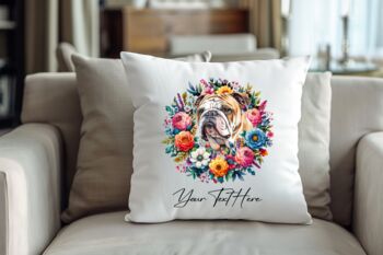 Personalised Bulldog Summer Floral Dog Wreath Cushion And Mug Gift Bundle, 4 of 4