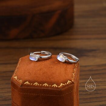 Sterling Silver Oval Moonstone Huggie Hoop Earrings, 3 of 10