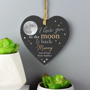 Personalised Slate Heart Hanging Decoration – I Love You To The Moon And Back Gift, 2 of 3