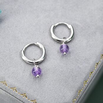 Sterling Silver Natural Lilac Purple Amethyst Bead Huggie Hoop Earrings, 6 of 12