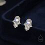 Sterling Silver Moonstone Hamsa Hand Stud Earrings, thumbnail 2 of 10
