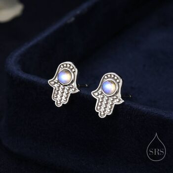 Sterling Silver Moonstone Hamsa Hand Stud Earrings, 2 of 10