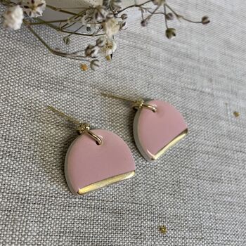 Pink Half Circle Ceramic Earrings 22k Gold Lustre, 2 of 4