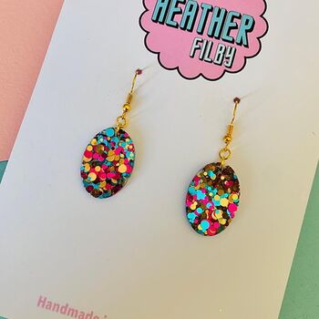 Teal, Pink And Gold Oval Glitter Resin Earrings, 3 of 3