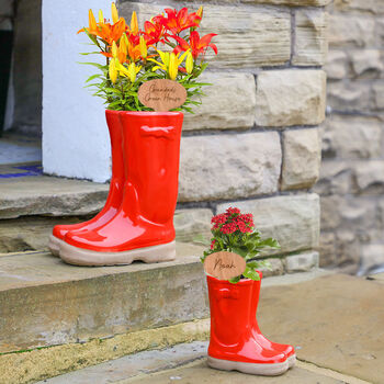 Set Of Two Personalised Red Welly Boot Planters, 8 of 9