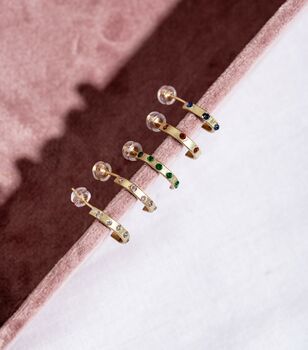 Karma Solid Gold Hoop Earrings With Three Diamonds, 5 of 6