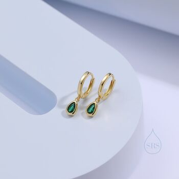 Tiny Emerald Green Droplet Cz Huggie Hoop Earrings, 3 of 9