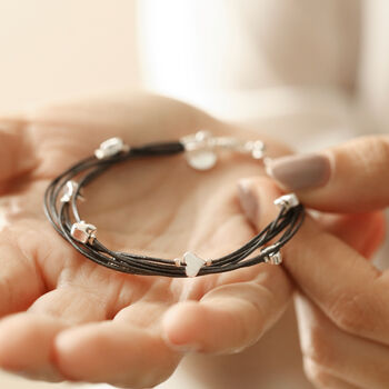 Grey Leather Layered Heart Bracelet In Silver Plating, 5 of 6