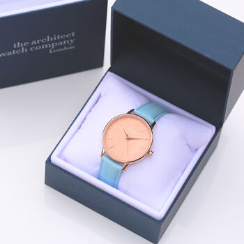 Personalised Ladies Coral Watch + Light Blue Strap, 6 of 7