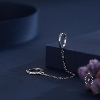 Cz Huggie Hoop Earrings With A Linking Chain, 8 of 12