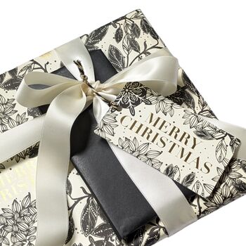 Christmas Botanical Luxe Gift Wrap Black Gold And Ivory 3mtr Roll, 2 of 6