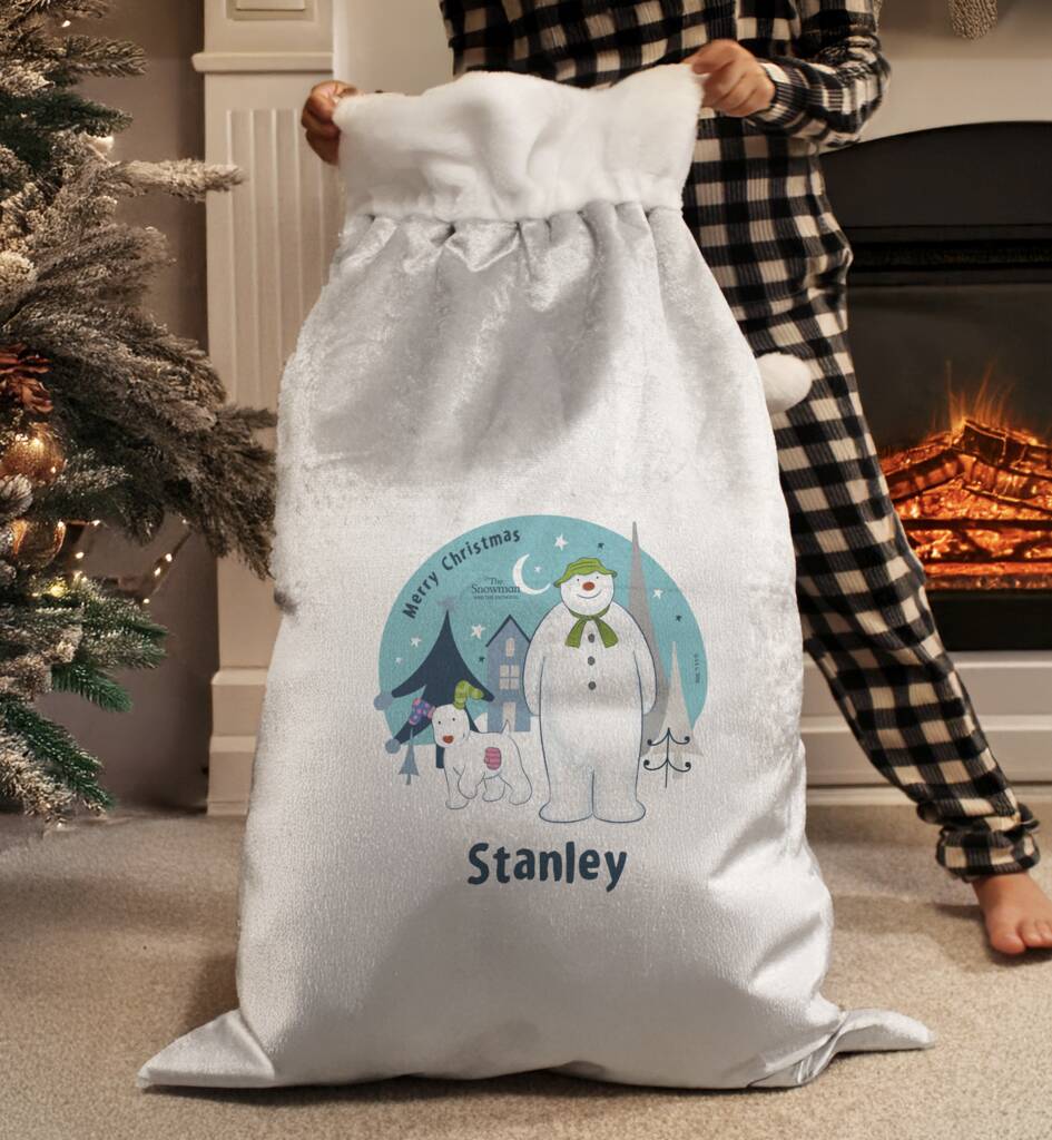 Personalised The Snowman And The Snowdog Pom Pom Sack, 1 of 4