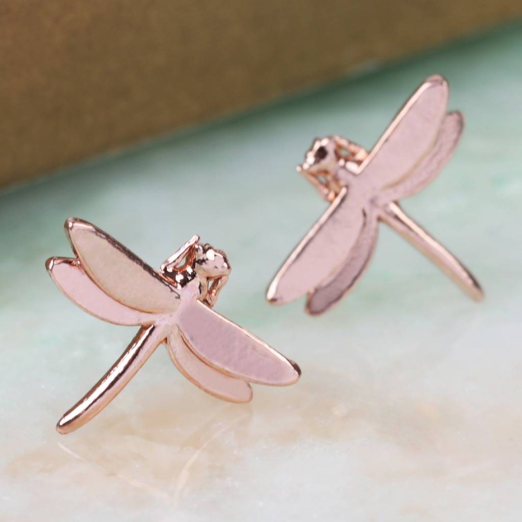 Rose Gold Dragonfly Stud Earrings By Lisa Angel Notonthehighstreet Rose Gold Dragonfly Stud Earrings