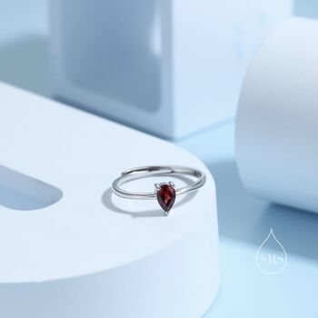 Sterling Silver Natural Red Garnet Droplet Ring, 2 of 12