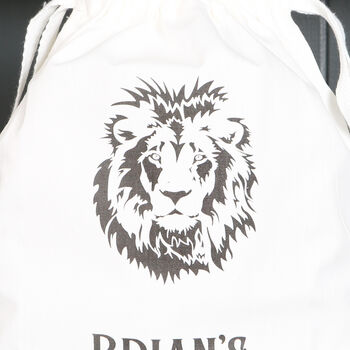 Lion Print Cotton Drawstring Bag With Personalised Text, 2 of 2