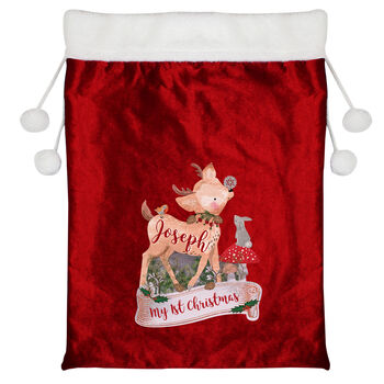 Personalised Festive Fawn Luxury Pom Pom Red Sack, 3 of 3